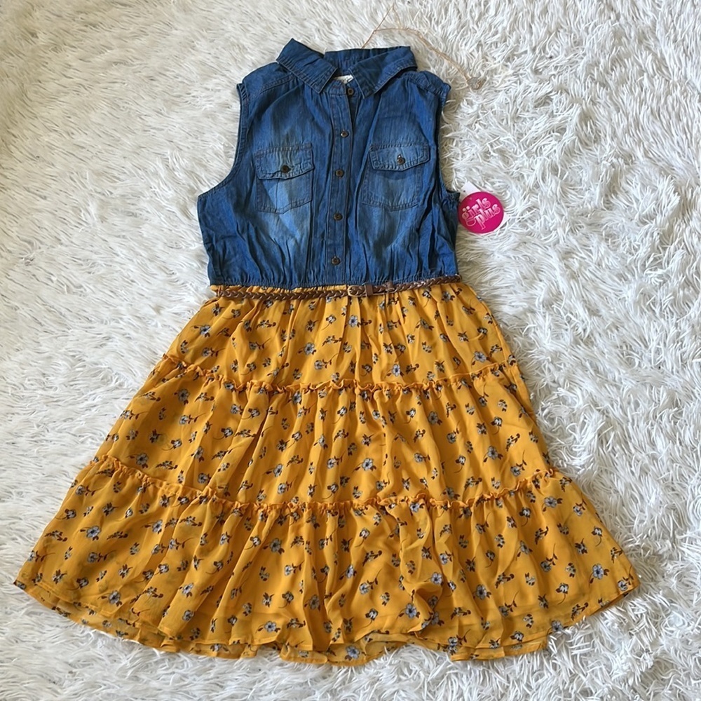 Knit Works Girls Tiered Denim Dress with Belt & Necklace blue/Mustard size 16.5 - Picture 4 of 12